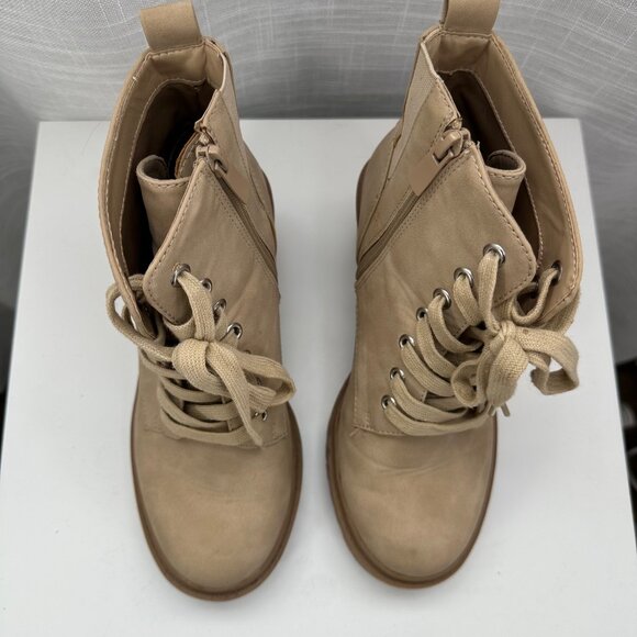 Tan Beige Chunky Faux Suede Lace-Up Hiker Bootie - Size 7 Wide Width - Picture 10 of 13